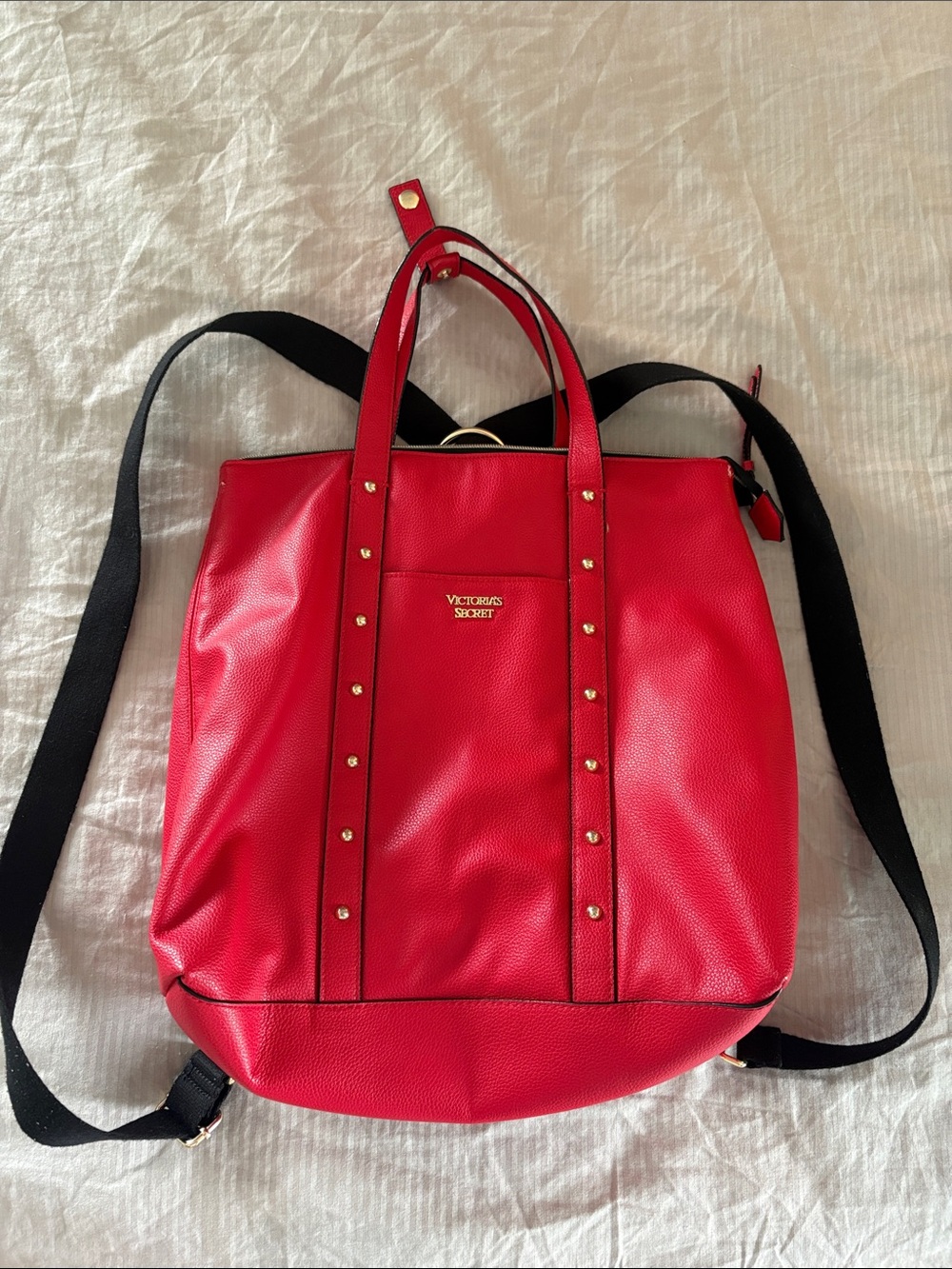 Victoria's Secret Red Pebbled Tote-Backpack with Gold Accents